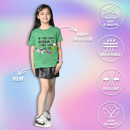 Nusyl Girls Green if you can Dream it text Printed  Short sleeve Cotton Blend Oversized T-shirts