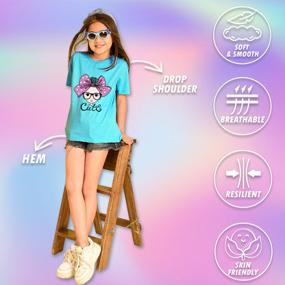 Nusyl Girls Sky Blue Cute Girl & Text Printed  Short sleeve Cotton Blend Oversized T-shirts