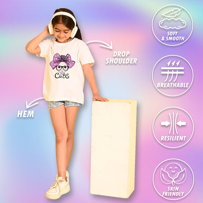 Nusyl Girls White Cute Girl & Text Printed  Short sleeve Cotton Blend Oversized T-shirts