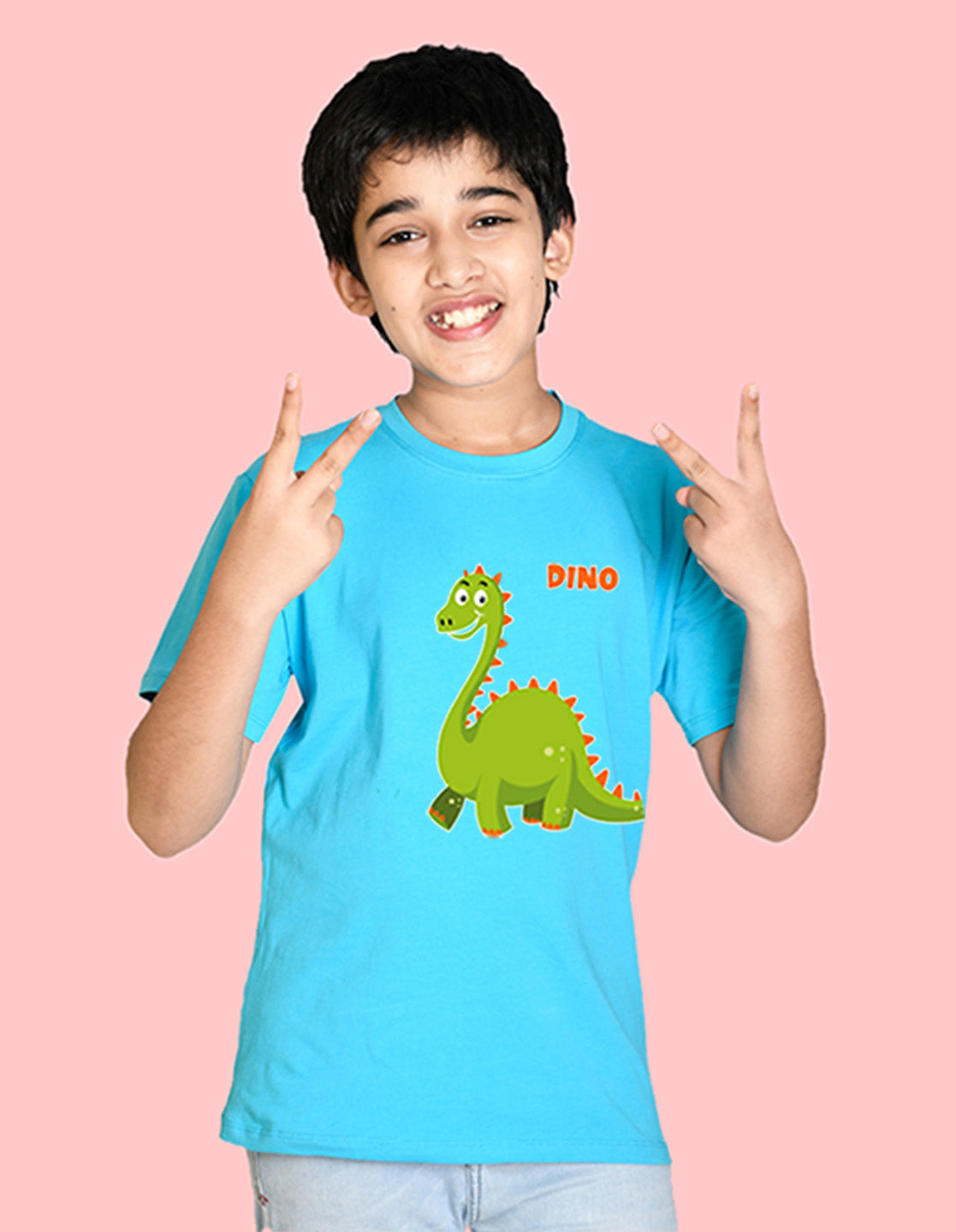 Nusyl boys dino printed sky blue colored cotton rich tshirt