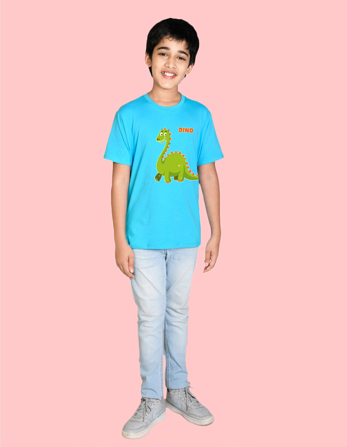 Nusyl boys dino printed sky blue colored cotton rich tshirt