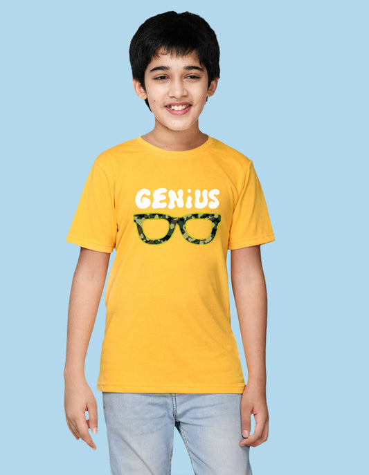 Nusyl boys genius printed yellow colored cotton rich tshirt
