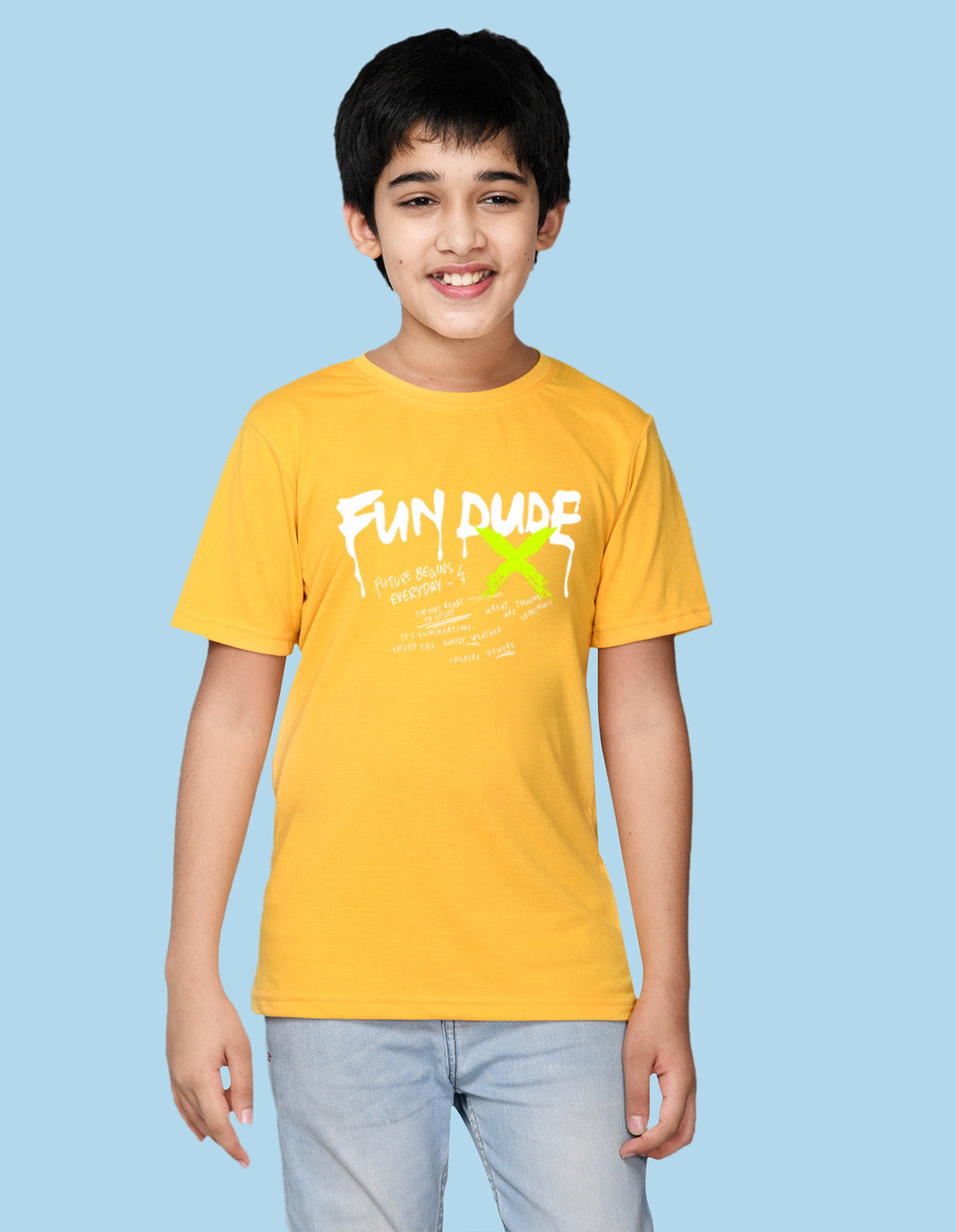 Nusyl boys fun dude printed yellow colored cotton rich tshirt