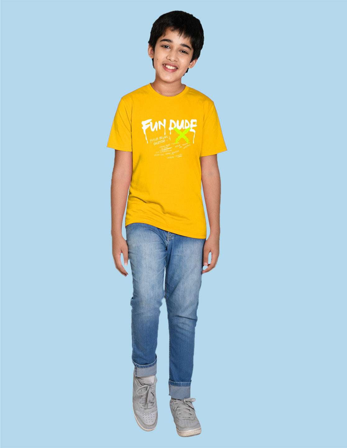 Nusyl boys fun dude printed yellow colored cotton rich tshirt