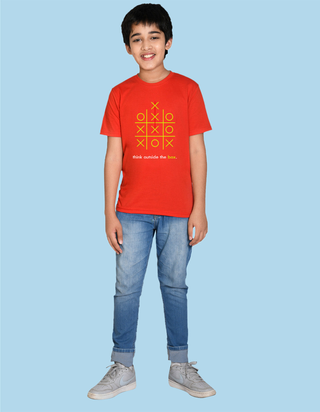 Nusyl boys think outside the box printed red colored cotton rich tshirt