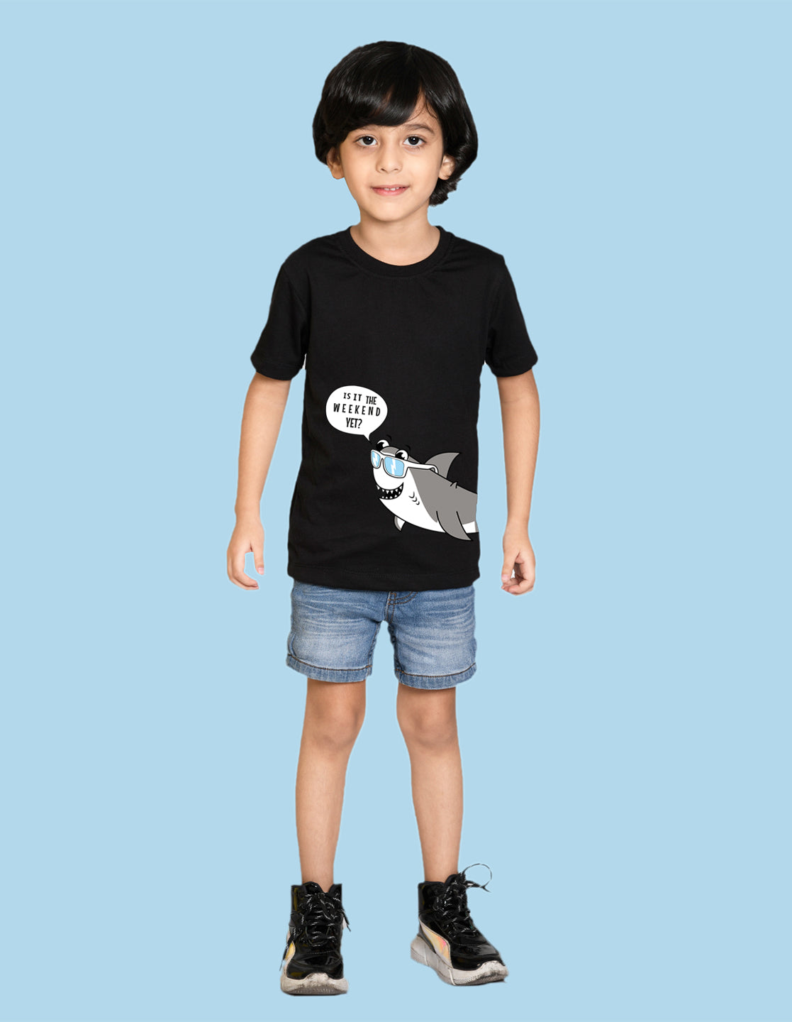 Nusyl Fish printed Black Biowashed Cotton Half  T-shirt T-shirt