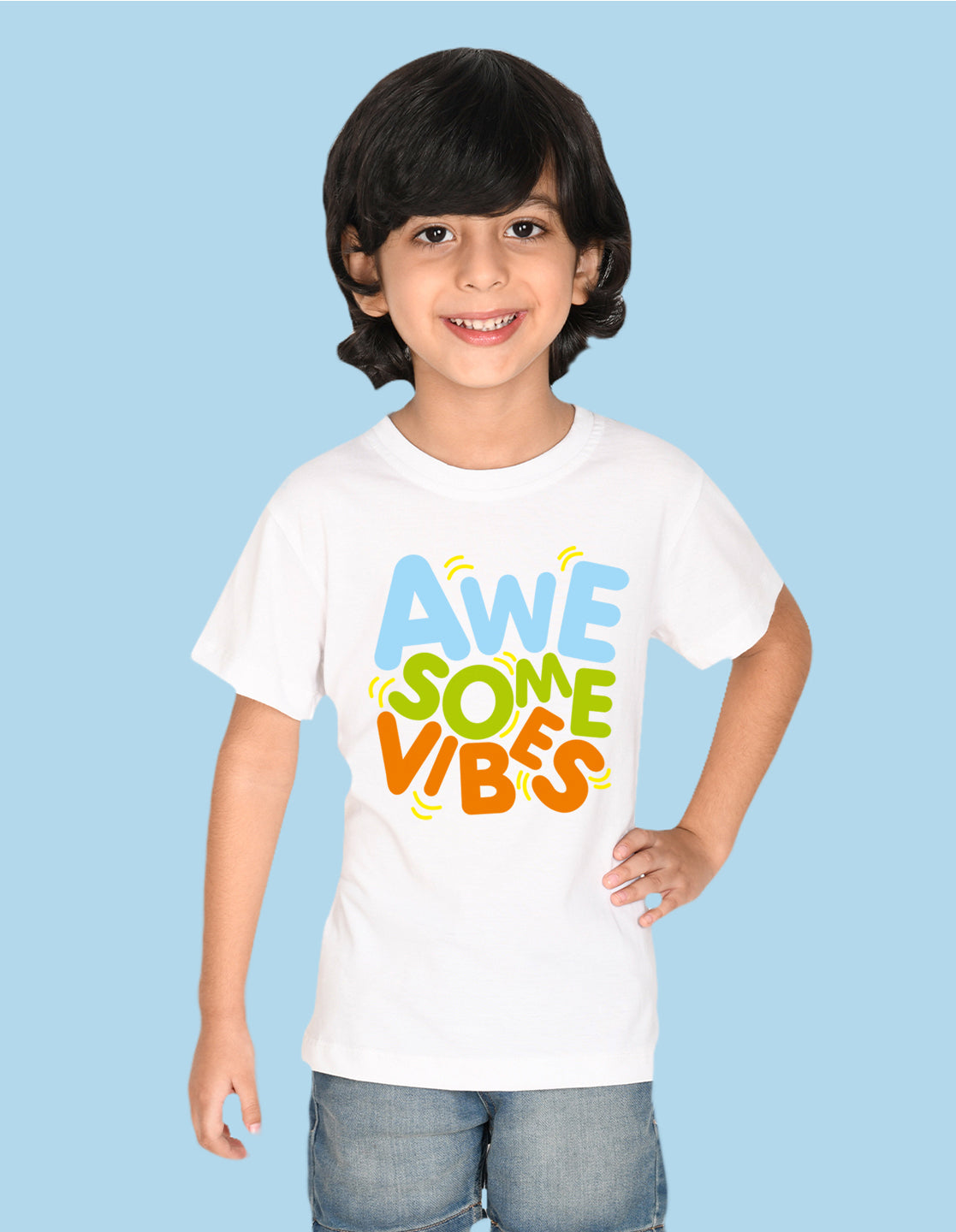Nusyl Awesome Vibes White Biowashed Cotton Half  T-shirt T-shirt