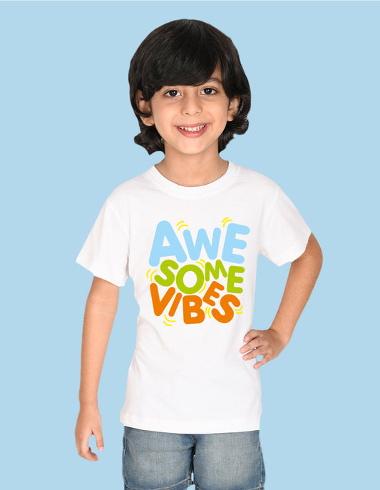 Nusyl Awesome Vibes White Biowashed Cotton Half  T-shirt T-shirt
