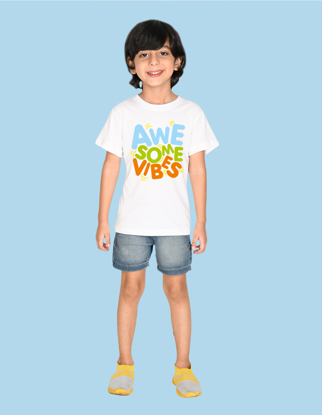Nusyl Awesome Vibes White Biowashed Cotton Half  T-shirt T-shirt