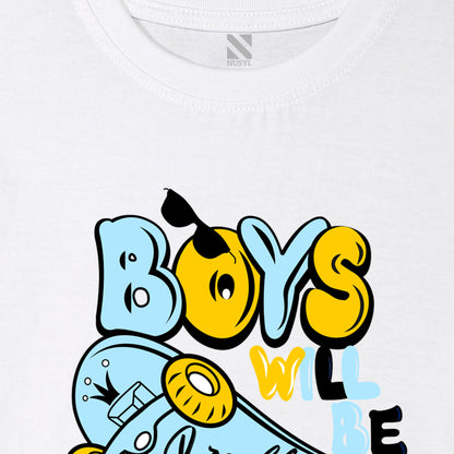Nusyl Skateboard & Boys will be boys text printed White Biowashed Cotton Half  T-shirt T-shirt