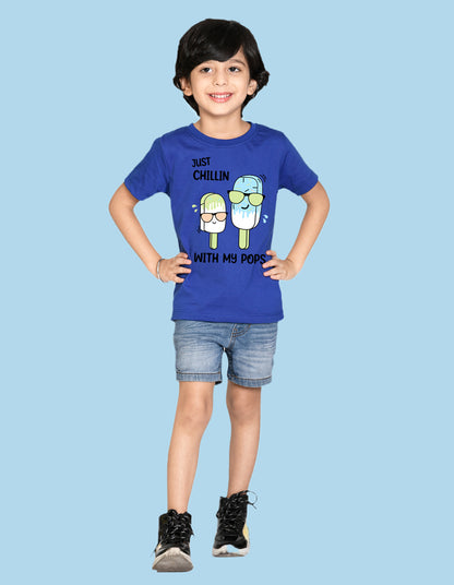 Nusyl Icecream & Just Chilling Text Printed Royal blue Biowashed Cotton Half  T-shirt