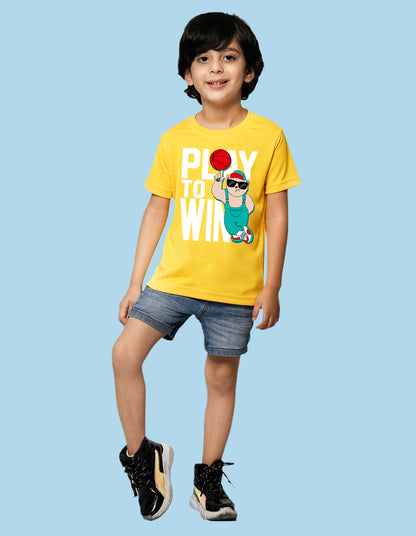 Nusyl Play to win text printed Yellow  Biowashed Cotton Half  T-shirt