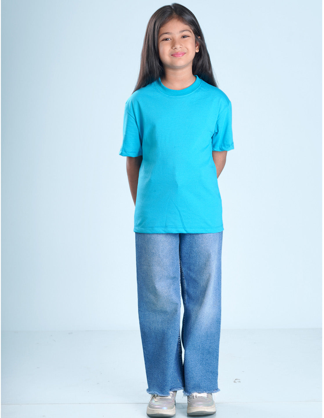 Nusyl Girls Solid Sky Blue Oversized T-shirt