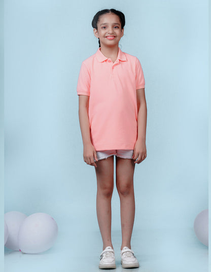 Nusyl Solid Peach Girls polo t-shirt