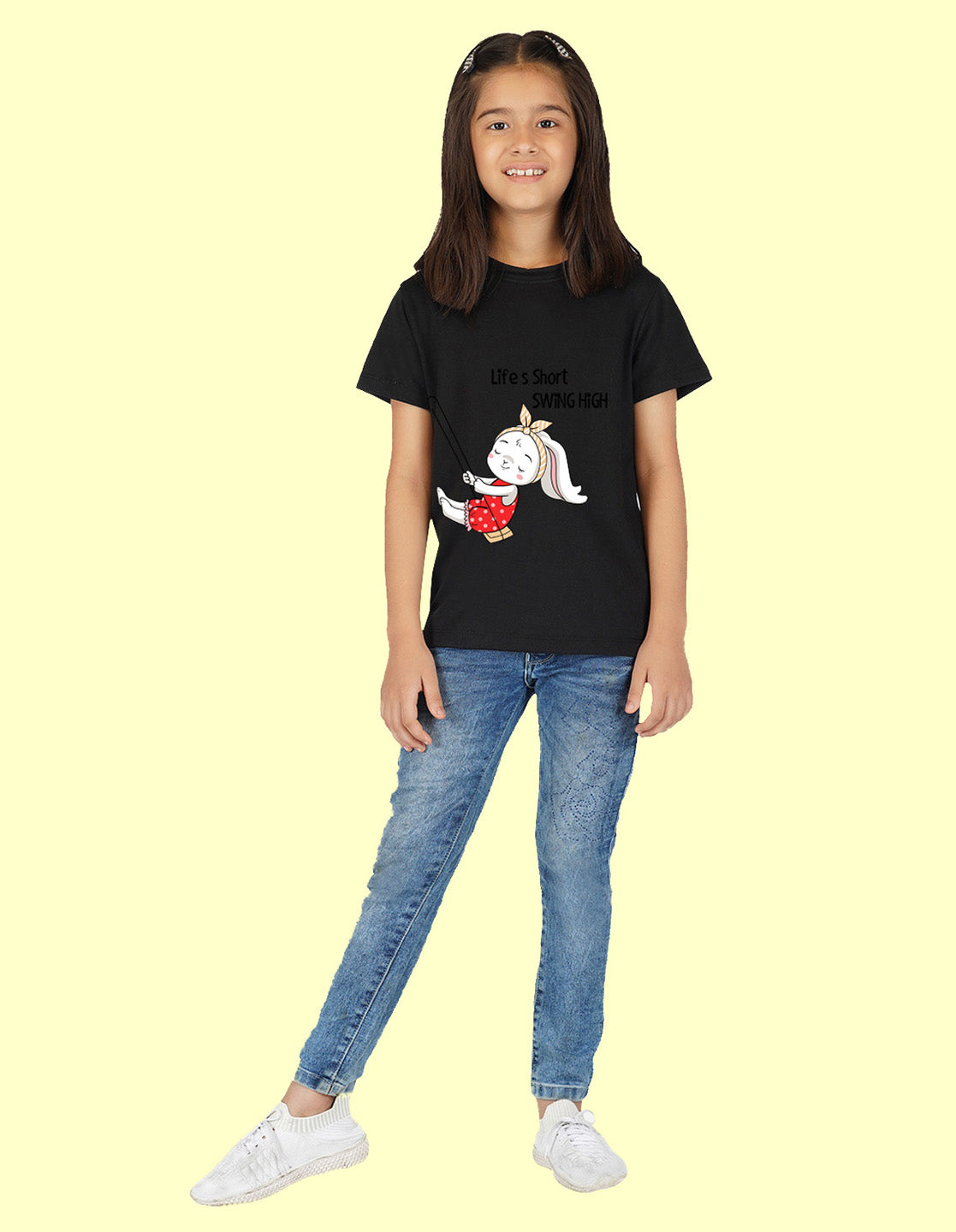 Nusyl Girls Half Sleeves Black Life's short swing high printed T-shirt