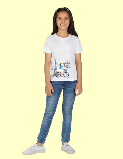 Nusyl Girls Half Sleeves White Girl printed T-shirt