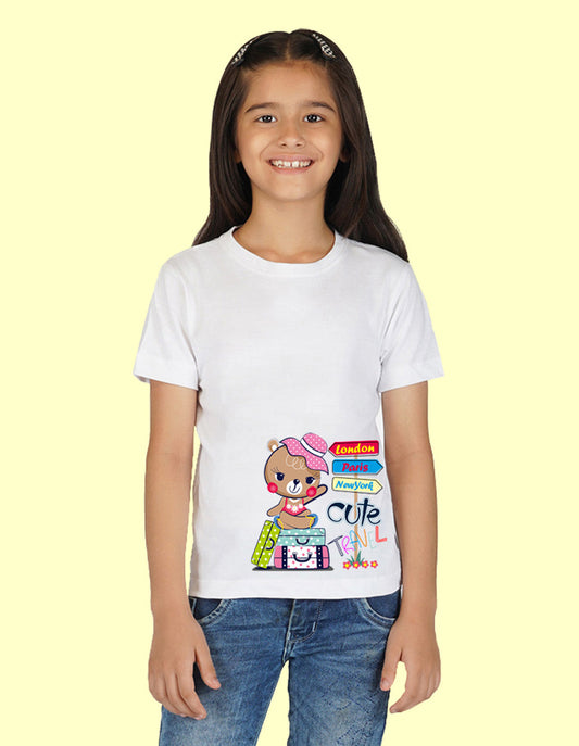 Nusyl Girls Half Sleeves White Teddy bear printed T-shirt