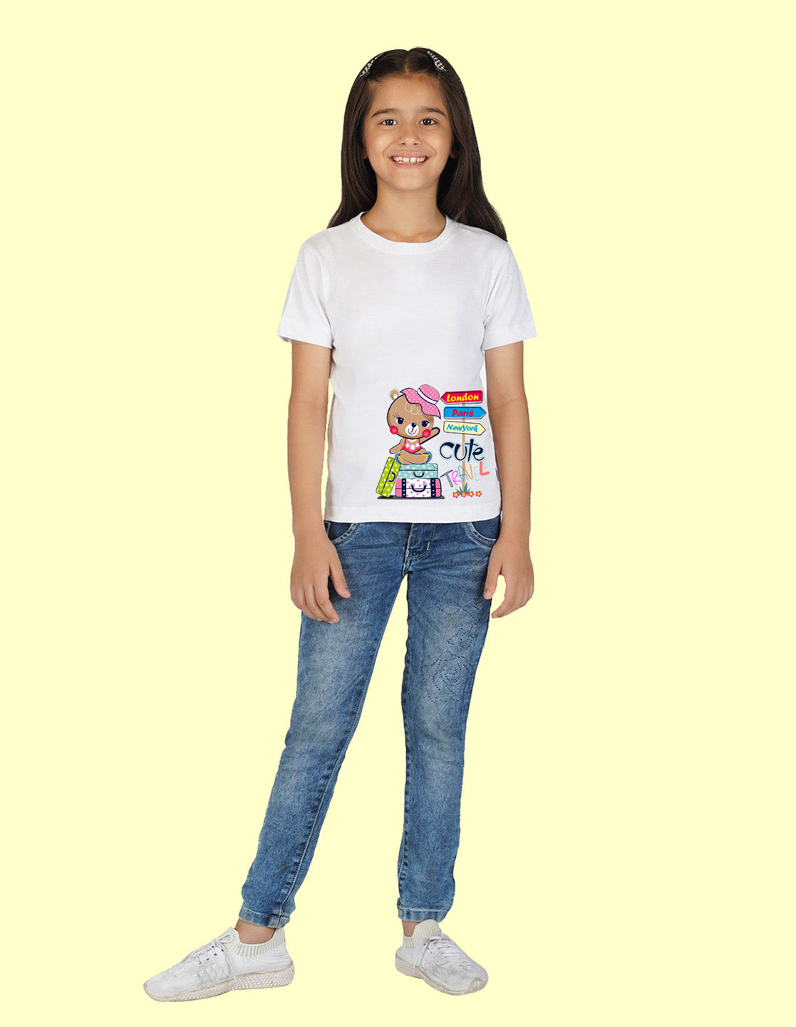 Nusyl Girls Half Sleeves White Teddy bear printed T-shirt