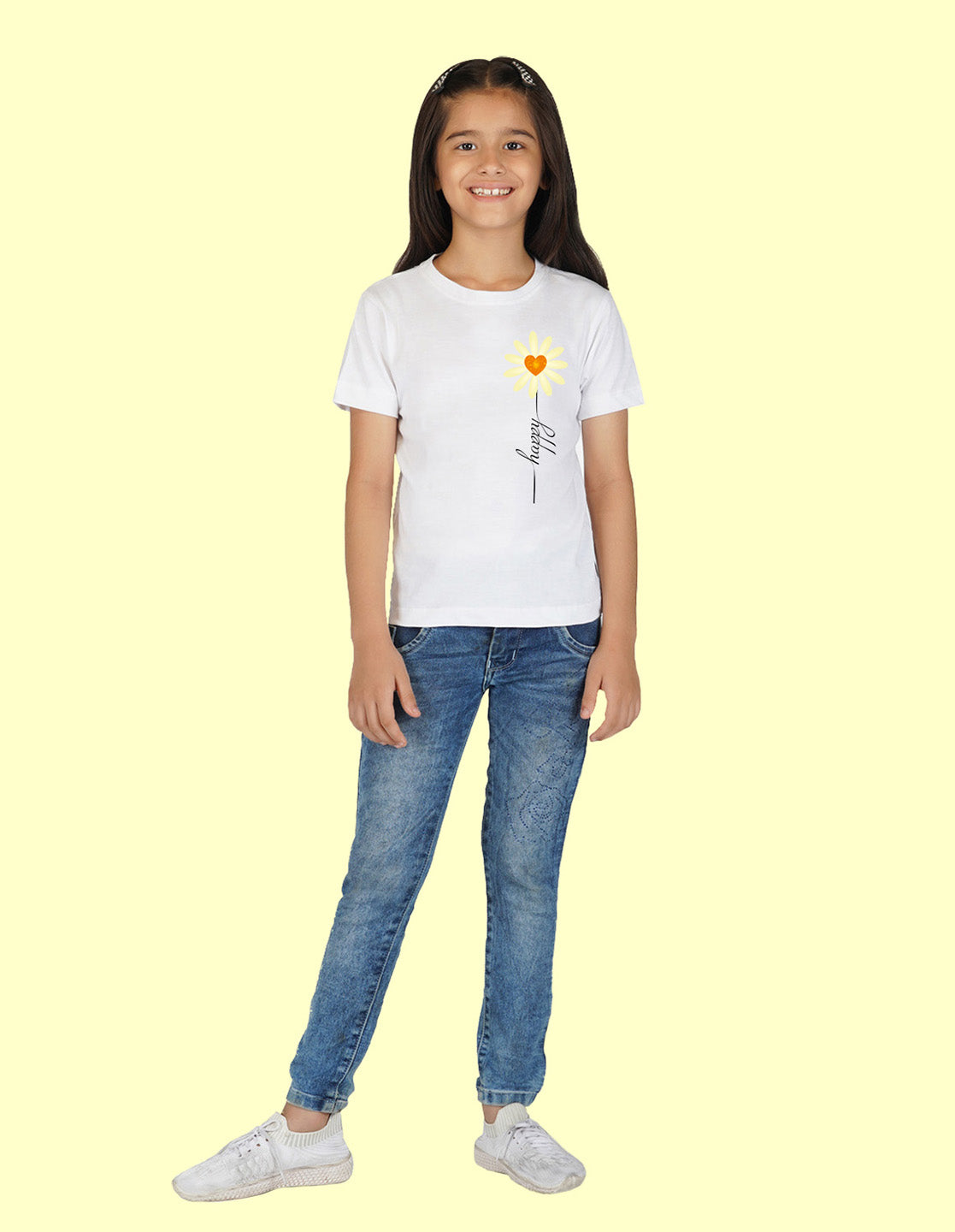 Nusyl Girls Half Sleeves White Sun flower printed T-shirt
