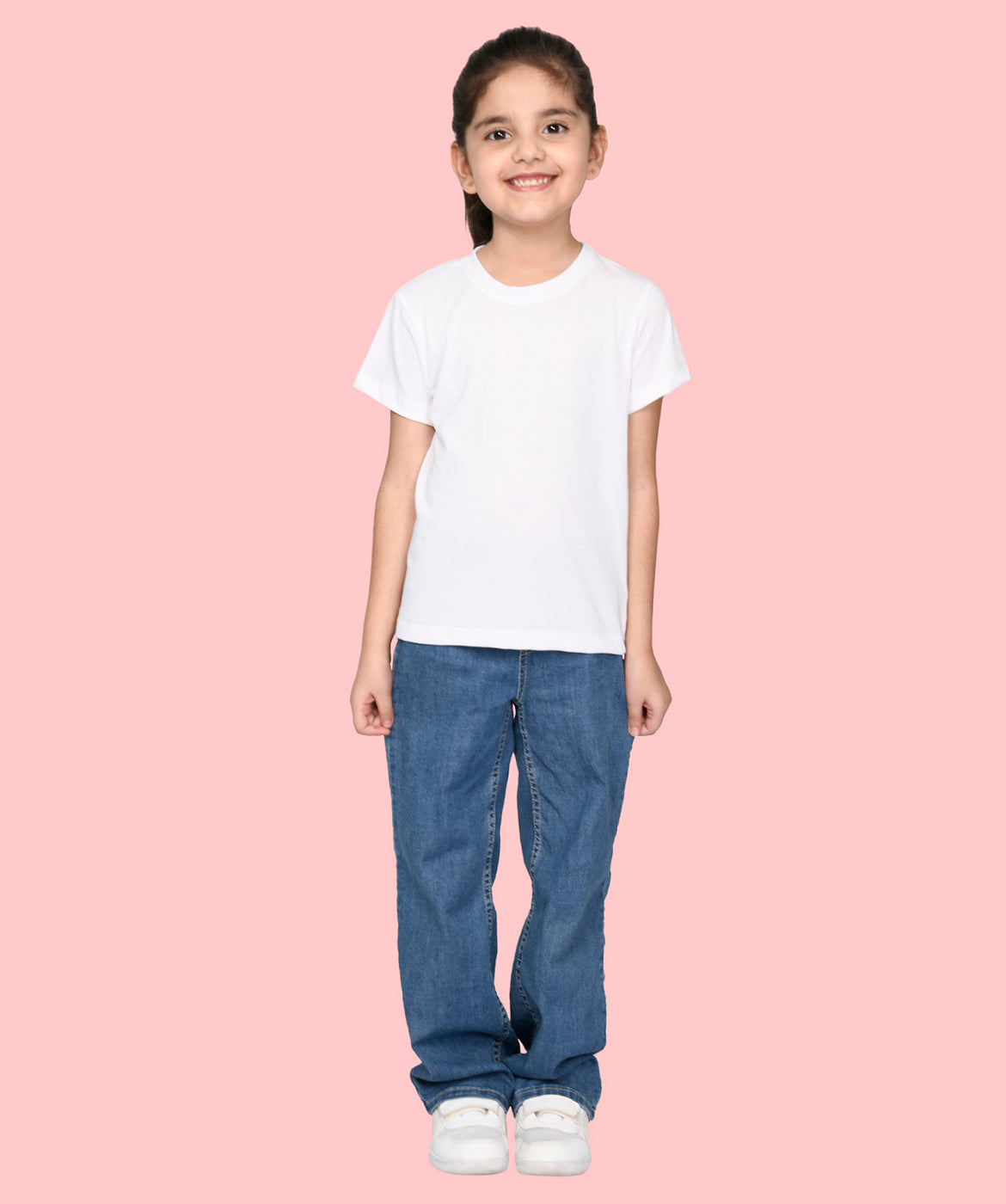 Girls White Bio Washed Cotton Short Sleeve Solid T-shirt