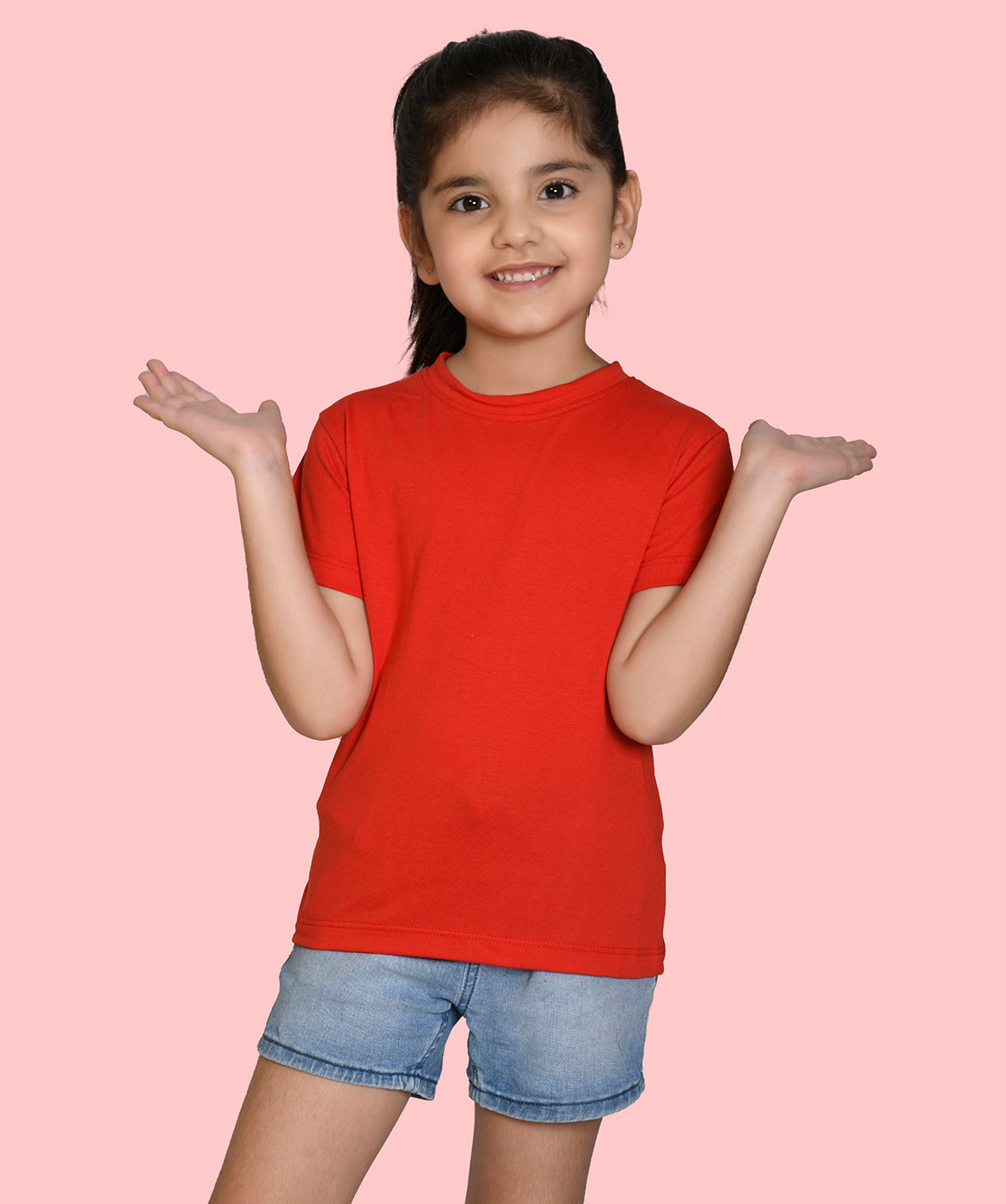 Girls Red Bio Washed Cotton Short Sleeve Solid T-shirt