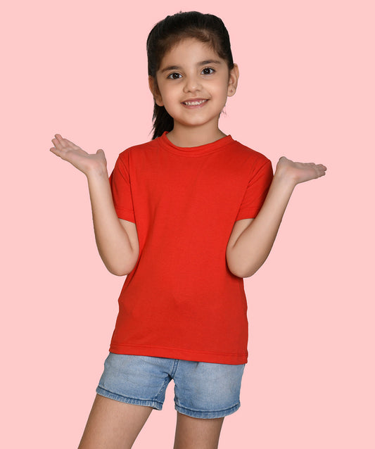 Girls Red Bio Washed Cotton Short Sleeve Solid T-shirt