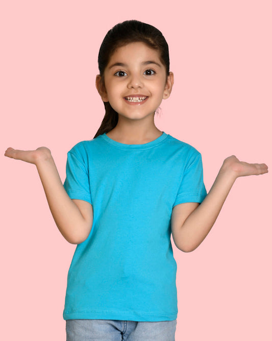 Girls Sky Blue Bio Washed Cotton Short Sleeve Solid Tshirt