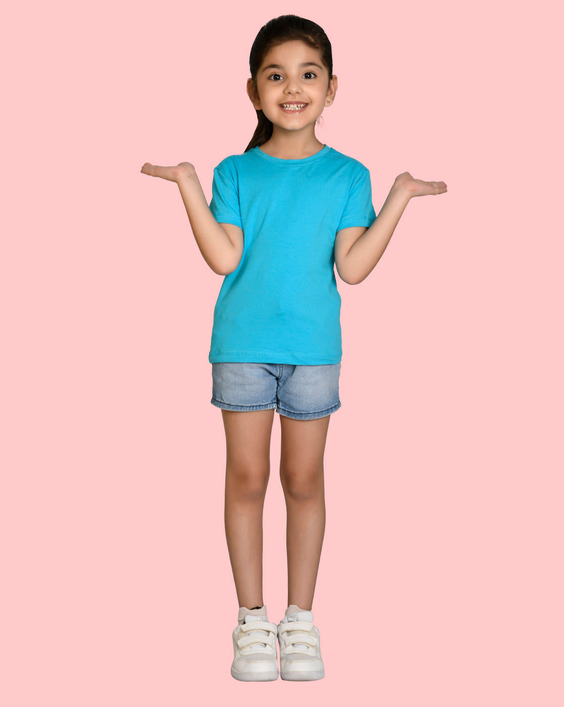 Girls Sky Blue Bio Washed Cotton Short Sleeve Solid Tshirt