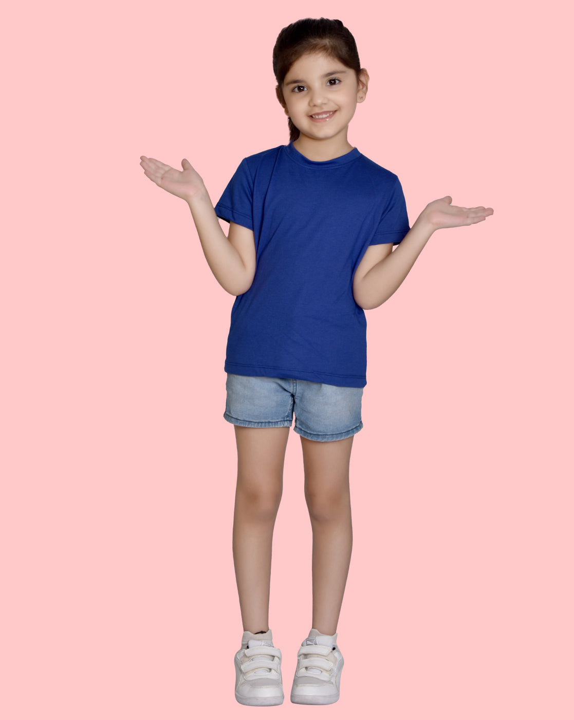 Girls Royal Blue Bio Washed Cotton Short Sleeve Solid T-shirt