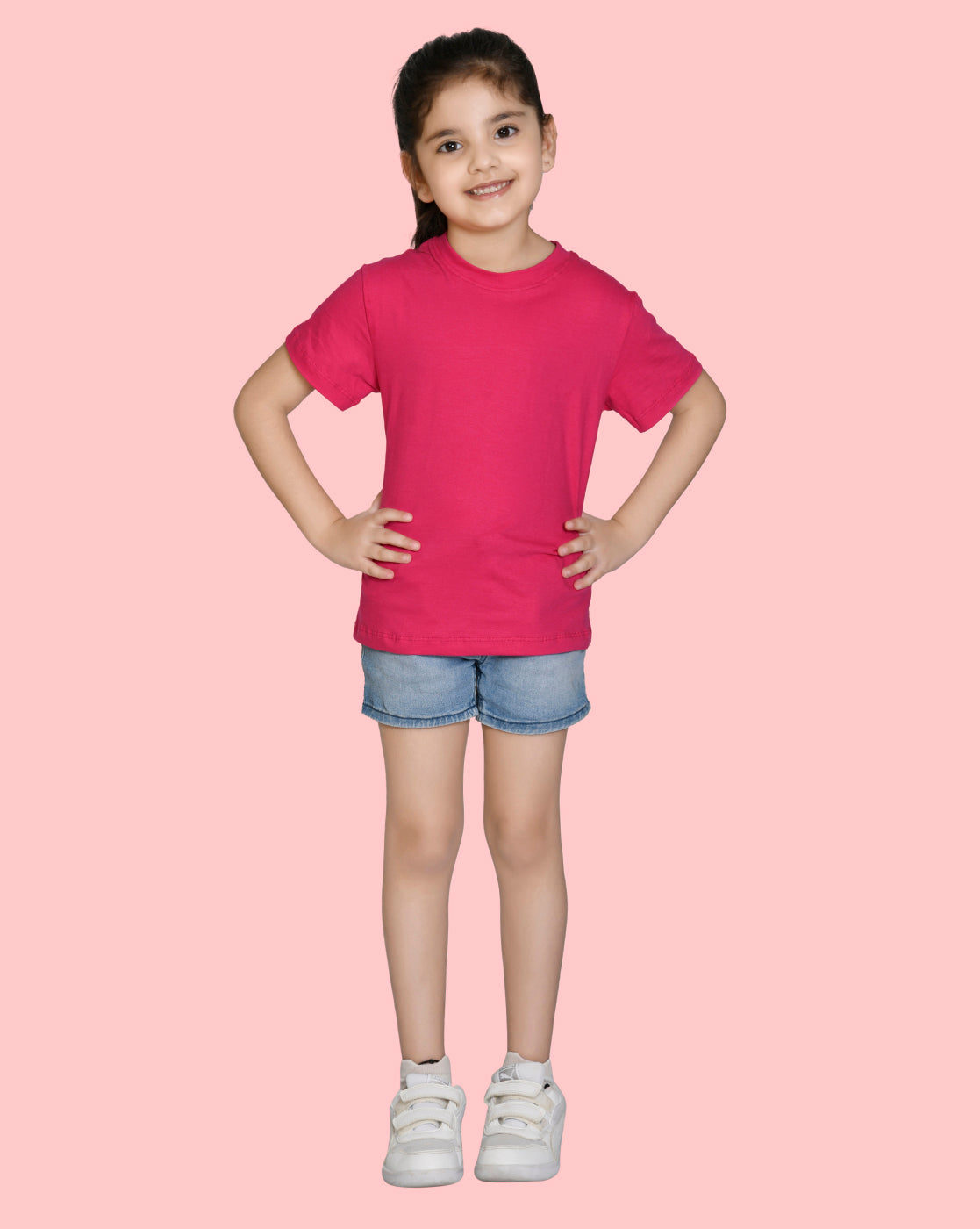 Girls Hot Pink Bio Washed Cotton Short Sleeve Solid T-shirt