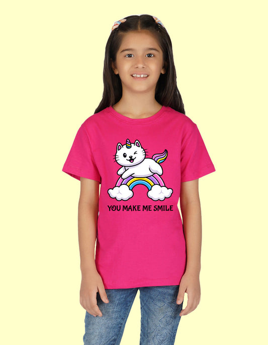 Nusyl Girls Half Sleeves Pink Cat printed T-shirt