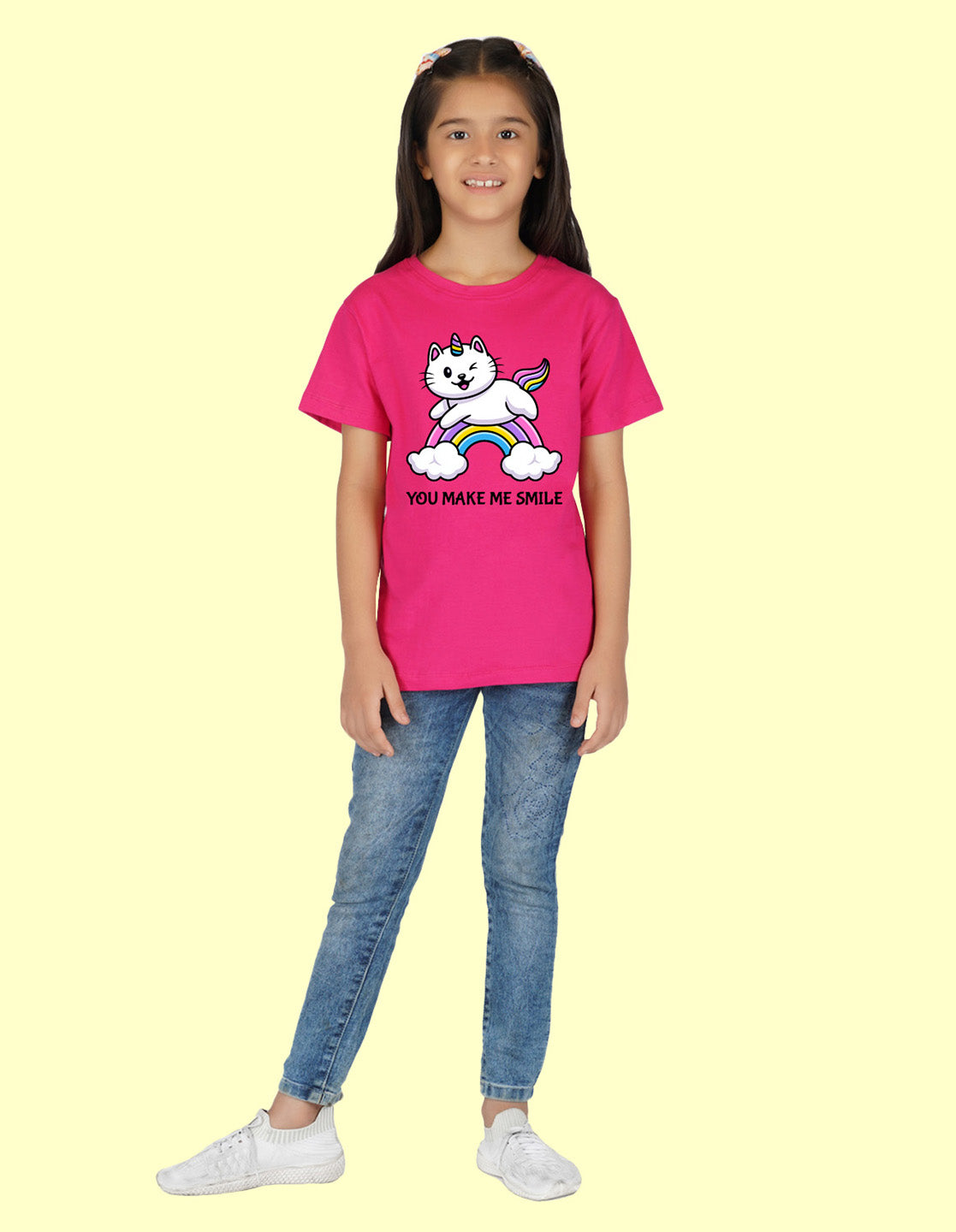 Nusyl Girls Half Sleeves Pink Cat printed T-shirt