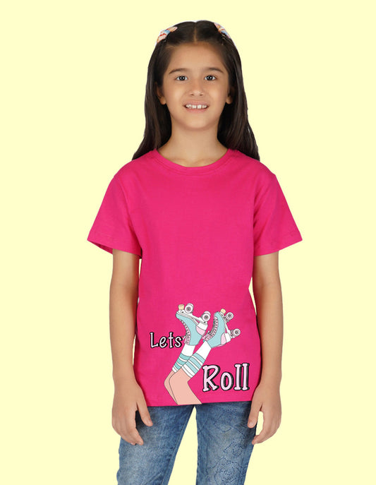 Nusyl Girls Half Sleeves Pink Lets roll printed T-shirt