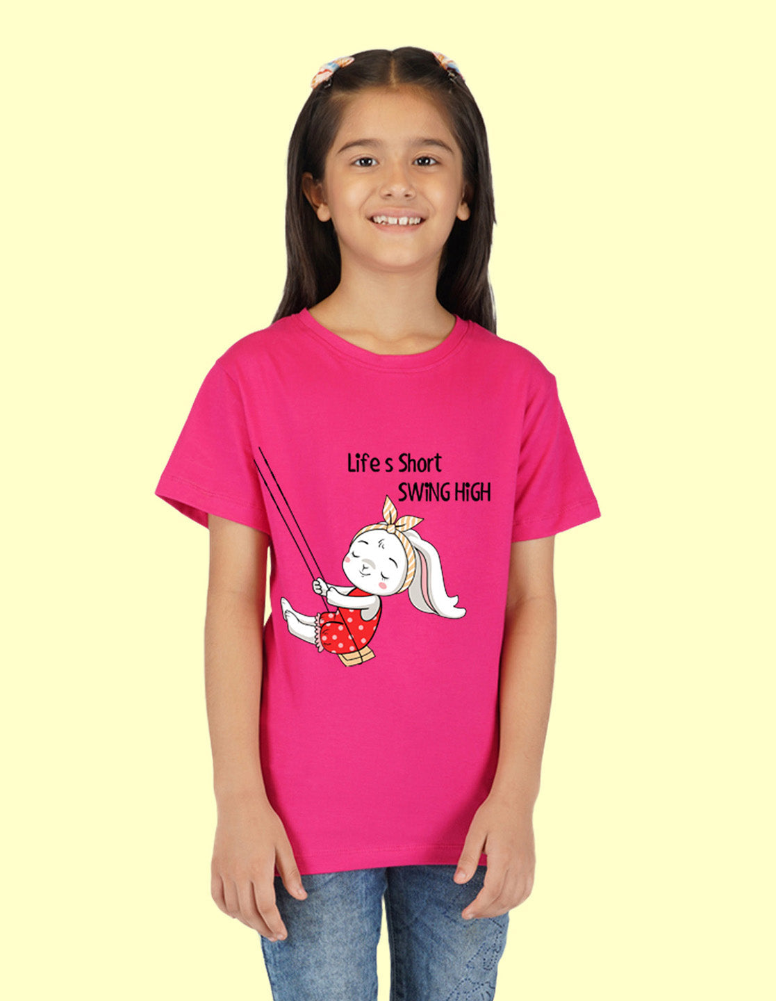 Nusyl Girls Half Sleeves Pink Life's short swing high printed T-shirt
