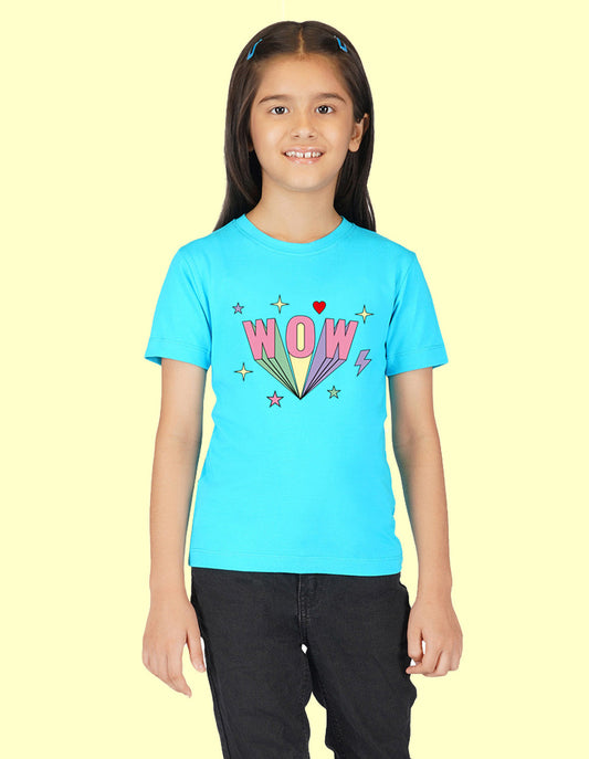 Nusyl Girls Half Sleeves Sky Blue wow printed T-shirt