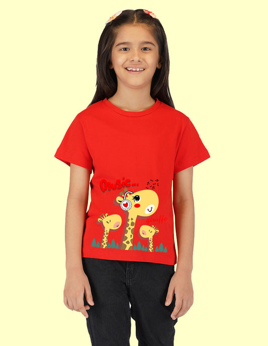 Nusyl Girls Half Sleeves Red Giraffe printed T-shirt