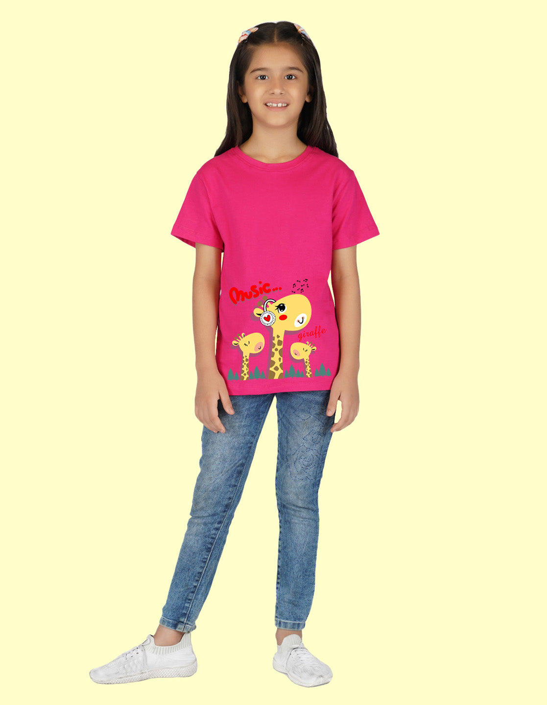 Nusyl Girls Half Sleeves Pink Giraffe printed T-shirt