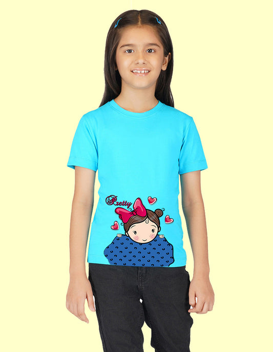 Nusyl Girls Half Sleeves Sky Blue Pretty printed T-shirt