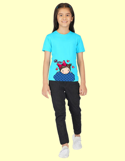 Nusyl Girls Half Sleeves Sky Blue Pretty printed T-shirt