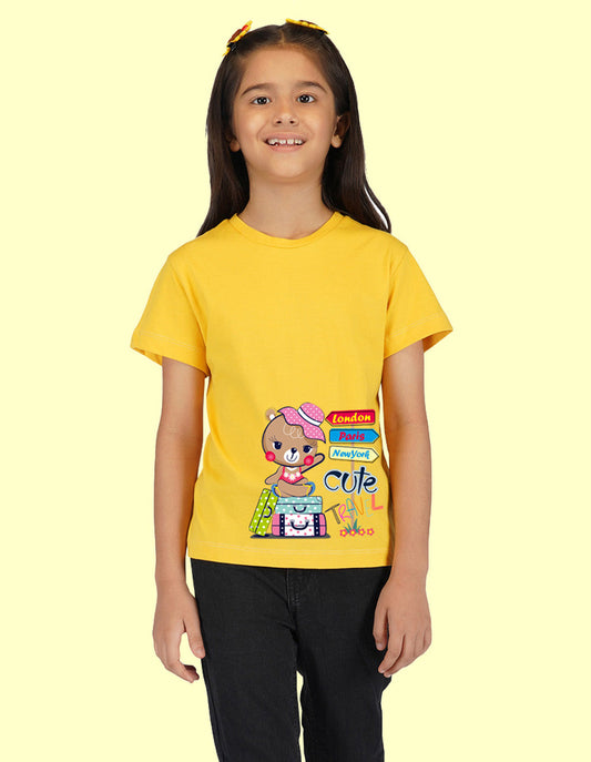 Nusyl Girls Half Sleeves Yellow Teddy bear printed T-shirt