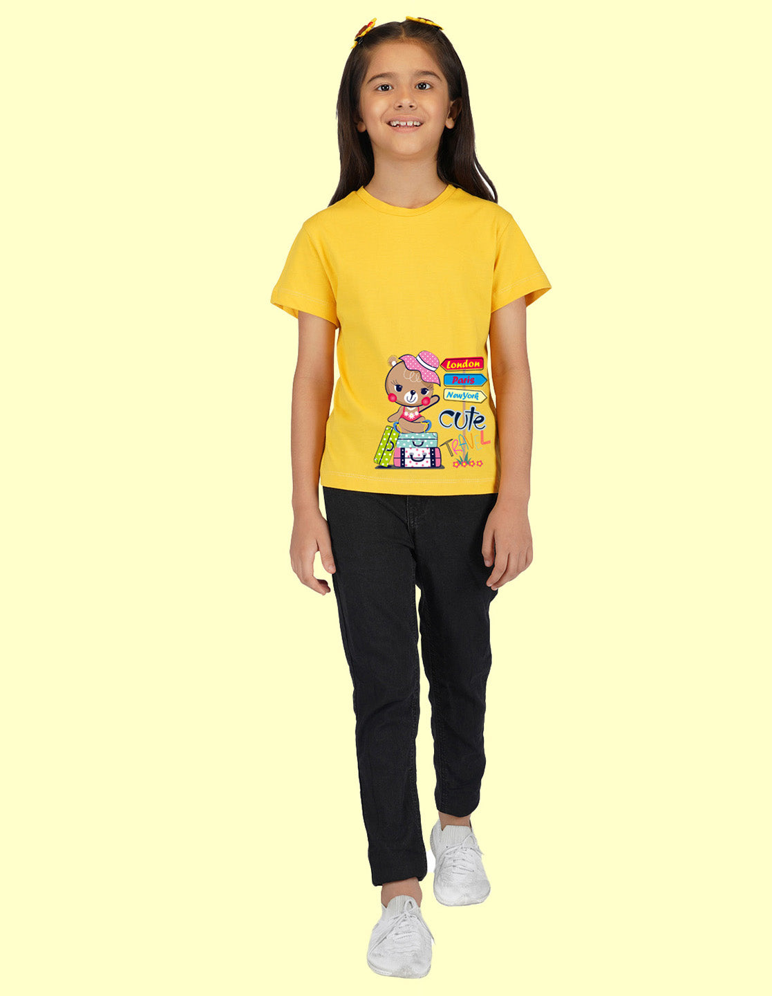 Nusyl Girls Half Sleeves Yellow Teddy bear printed T-shirt