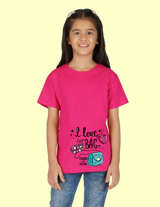 Nusyl Girls Half Sleeves Pink I love bag printed T-shirt