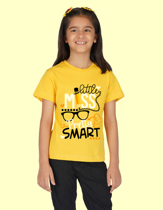 Nusyl Girls Half Sleeves Yellow Little miss printed T-shirt