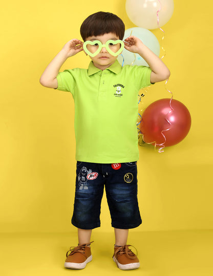 Nusyl Number Three Printed Lime Green Infants Polo T-shirt