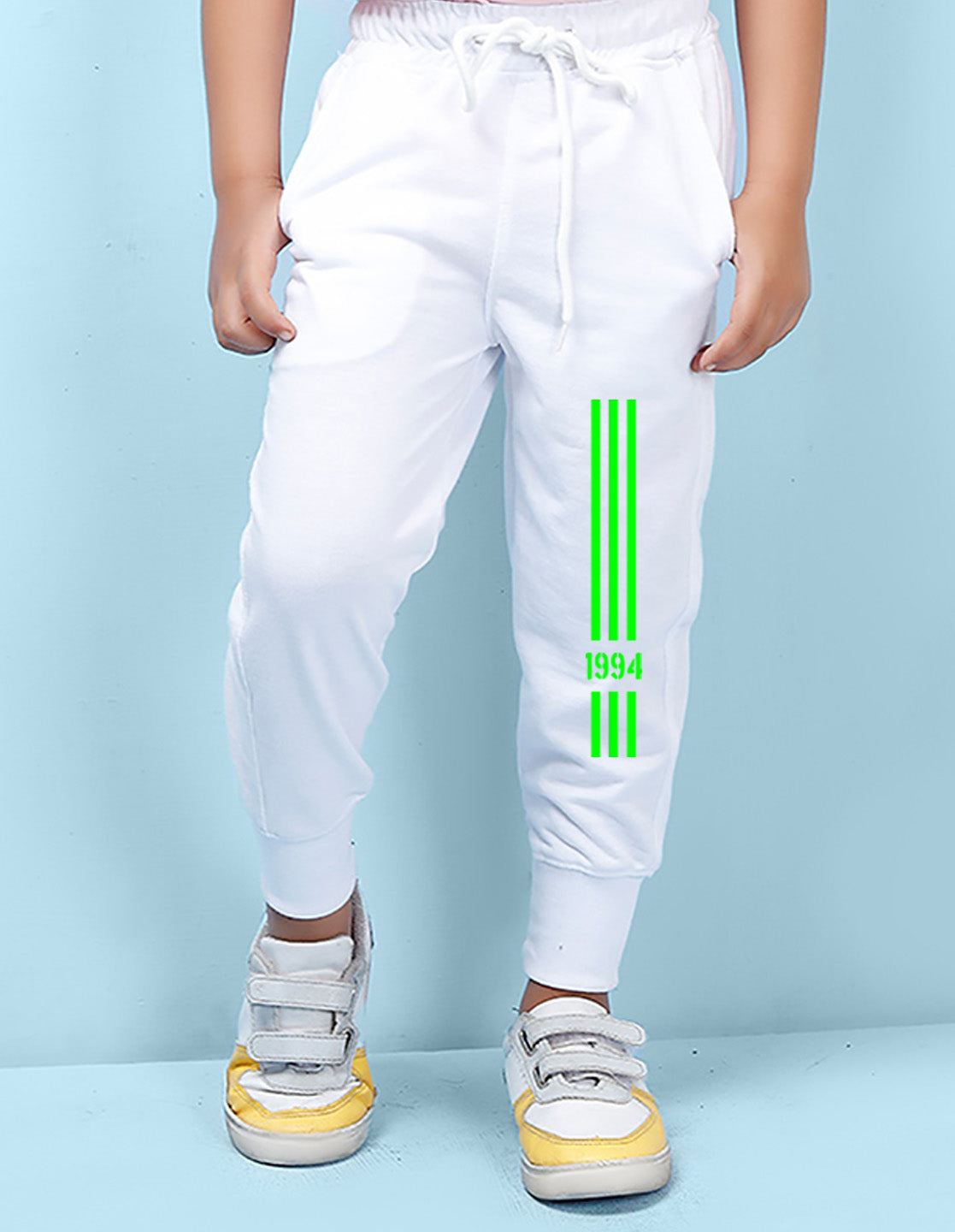 Nusyl white radium printed kids unisex track pants