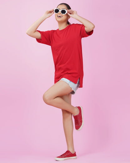 Nusyl Women Red Solid oversized t-shirt