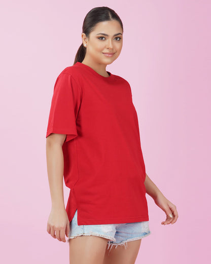 Nusyl Women Red Solid oversized t-shirt