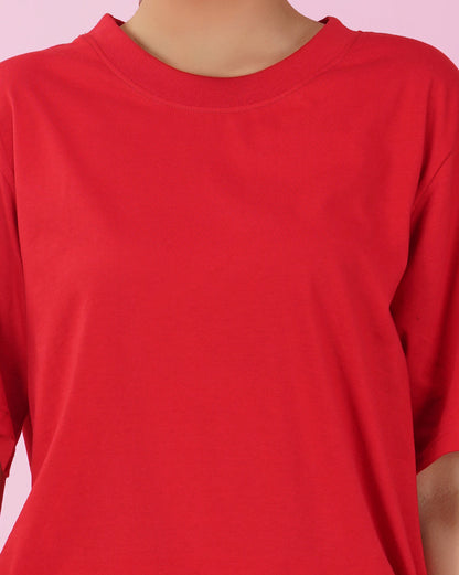 Nusyl Women Red Solid oversized t-shirt