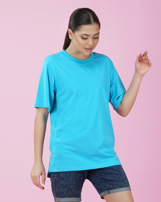 Nusyl Women Sky Blue Solid oversized t-shirt
