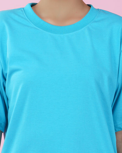 Nusyl Women Sky Blue Solid oversized t-shirt